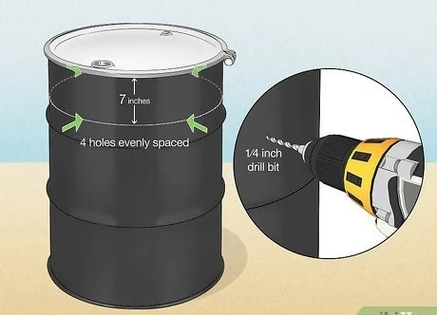 étape 1 percez 4 trous sur le côté d'un baril de pétrole, à 18 cm du haut.