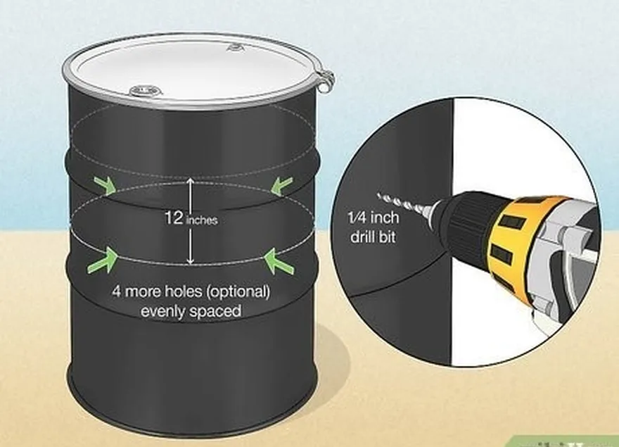 étape 1 percez 4 trous sur le côté d'un baril de pétrole, à 18 cm du haut.