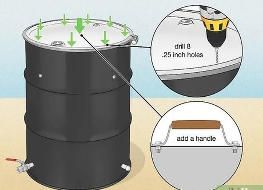 étape 5 percez 8 trous de 0,25 po (0,64 cm) dans le couvercle du baril et ajoutez une poignée.