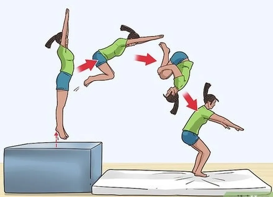 étape 5 effectuer un saut périlleux avant à partir d'un bloc de gymnastique qui fait face à un tapis souple.