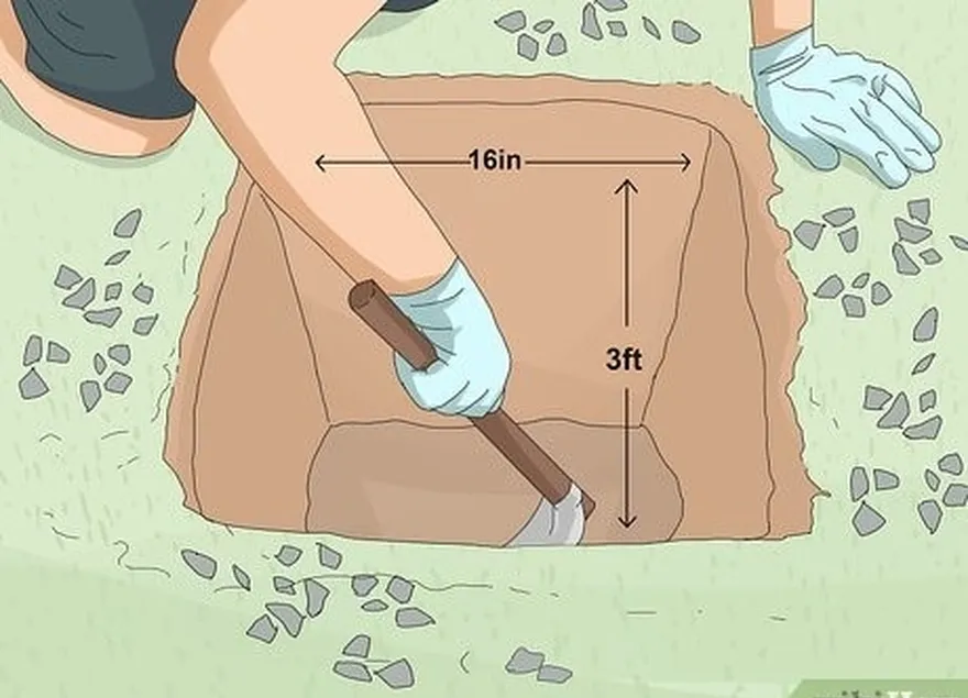 étape 3 creusez des trous de 3 pieds (0,91 m) de profondeur et de 16 pouces (41 cm) de largeur.