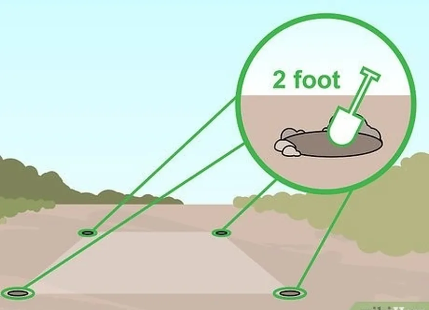 étape 3 creusez un trou de 2 pieds (0,61 m) de profondeur dans chaque coin du carré.