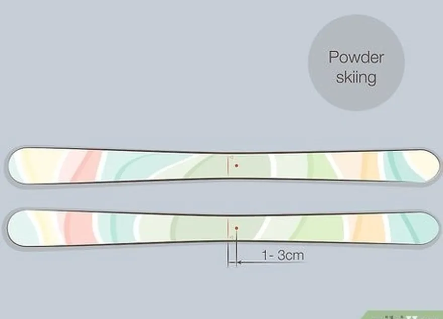 étape 3 placez les fixations à une distance de 1 à 3 cm de l'axe central pour le ski de poudreuse.